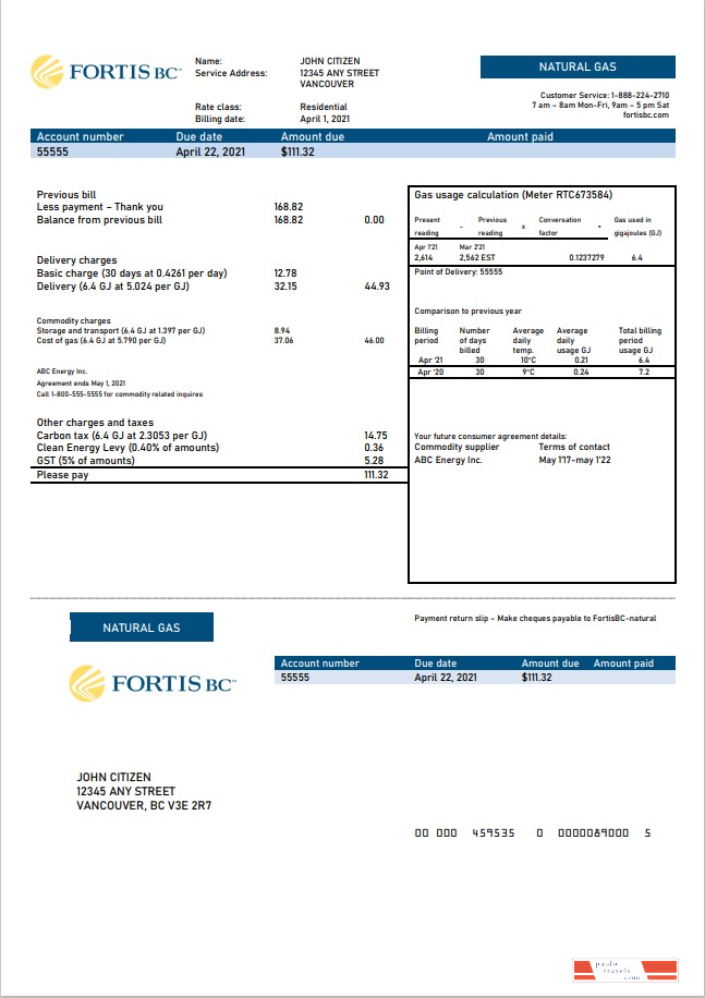 Canada British Columbia FortisBC utility bill template in Word and PDF format